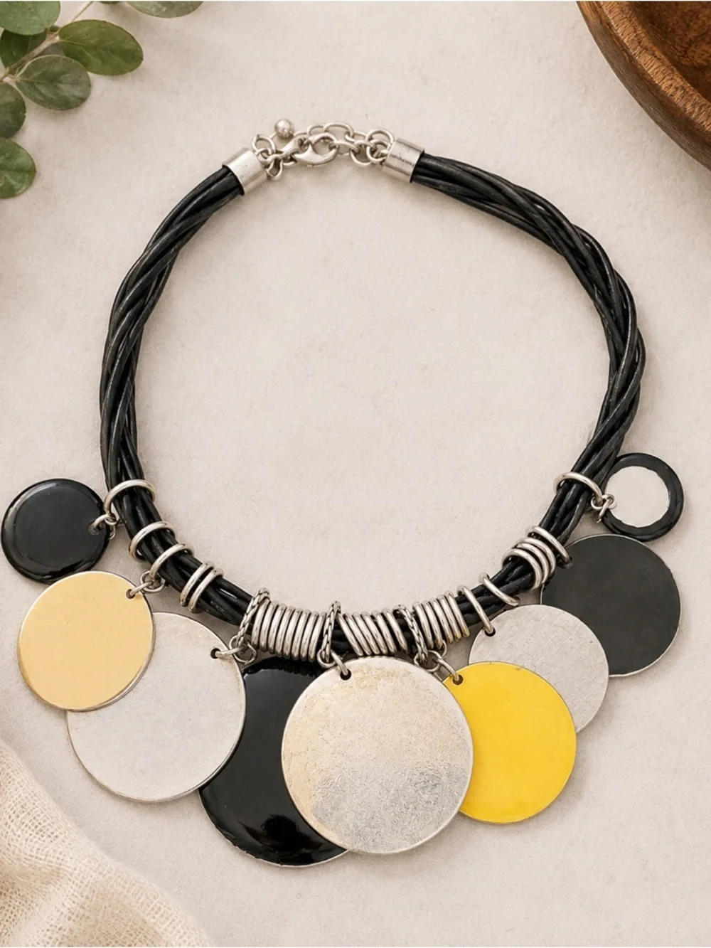 Chico’s Statement Disc Necklace Mixed Metal Black Cord NWT